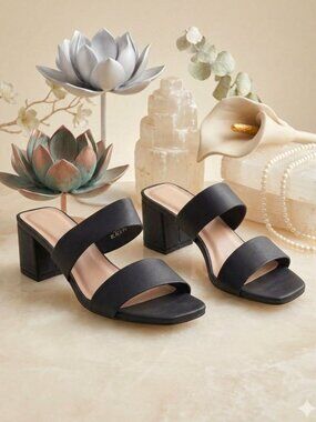 Black Block Heel Slide Sandals With Double Straps Open Toe & Square Heel Design